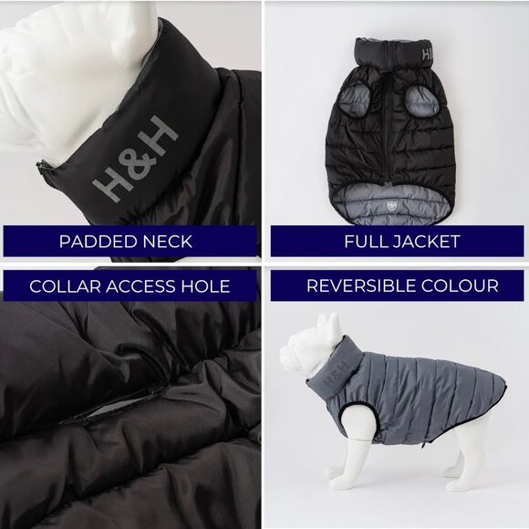New Reversible Dog Puffer Jacket Black & Grey - Picture 3 of 3